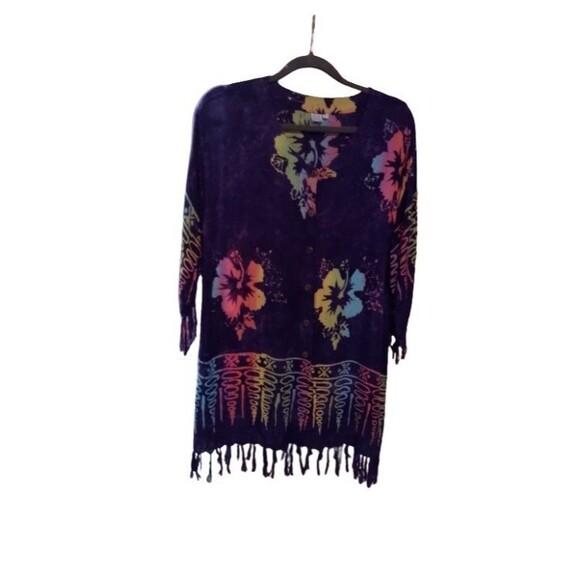 Tops - Handmade Indonesian Batik Rayon Fringe Cardigan Hibiscus Floral Cover Up Medium